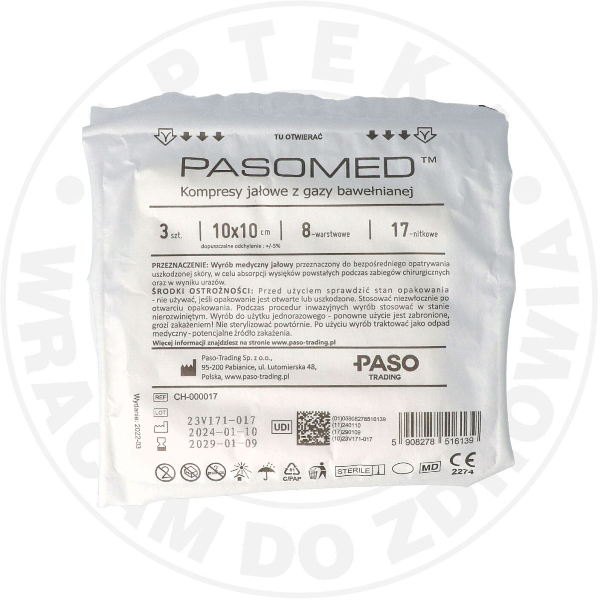 KOMPRESY JAŁOWE  PASOMED 10cm x 10cm 3 sztuki