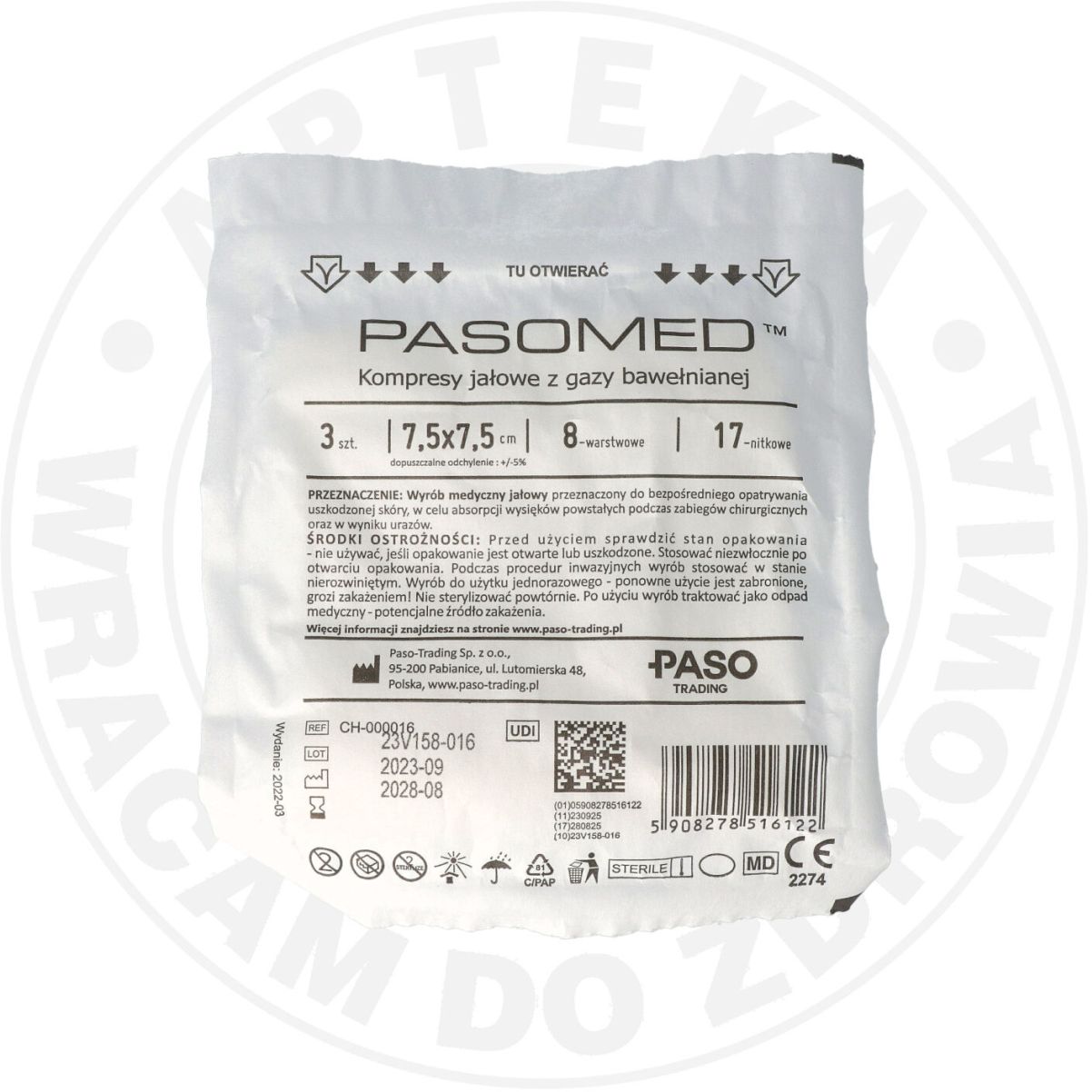 KOMPRESY JAŁOWE  PASOMED 7,5cm x 7,5cm 3 sztuki