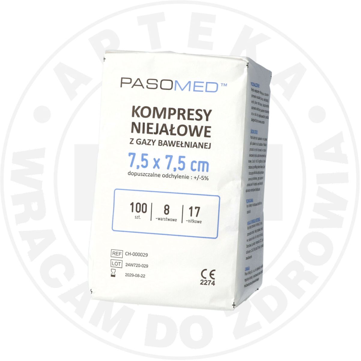 KOMPRESY NIEJAŁOWE PASOMED 7,5cm x 7,5cm 100 sztuk